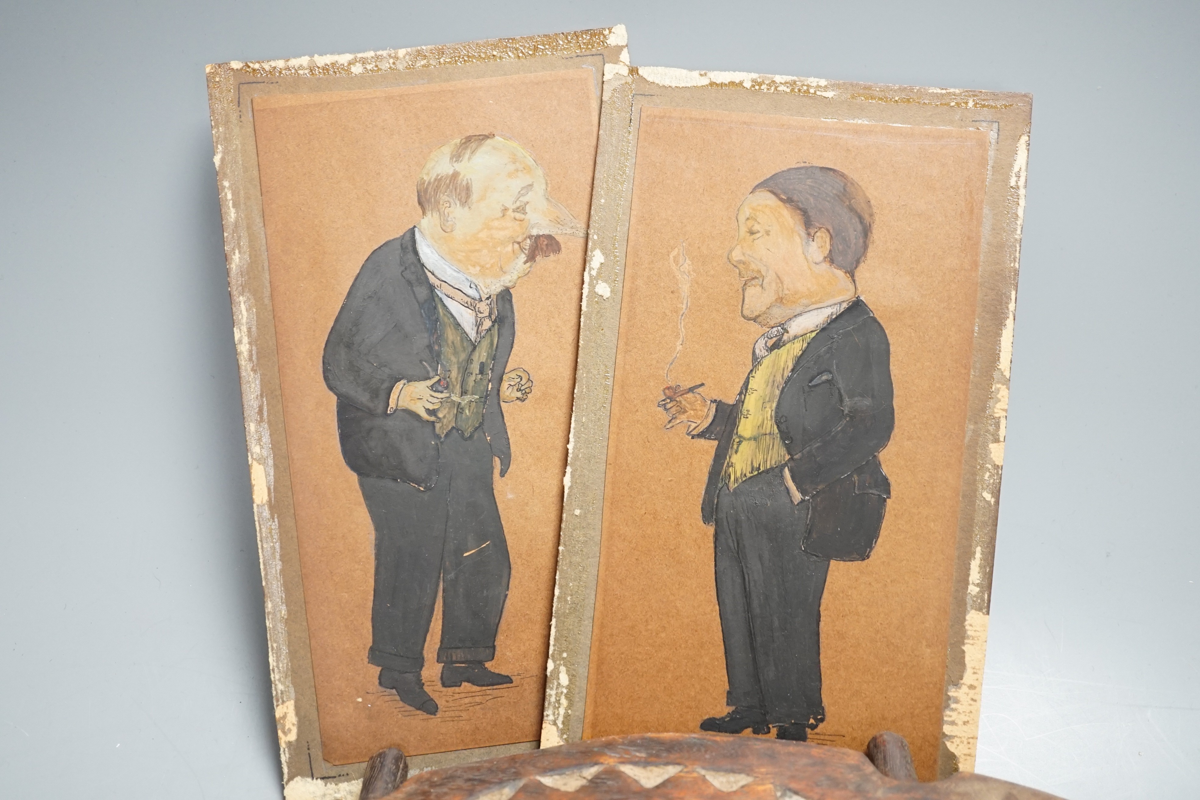 African carved wood instrument, chip carved beech box, a GWR brass wall lamp and a pair of oil portraits of H Belloc and HG Wells